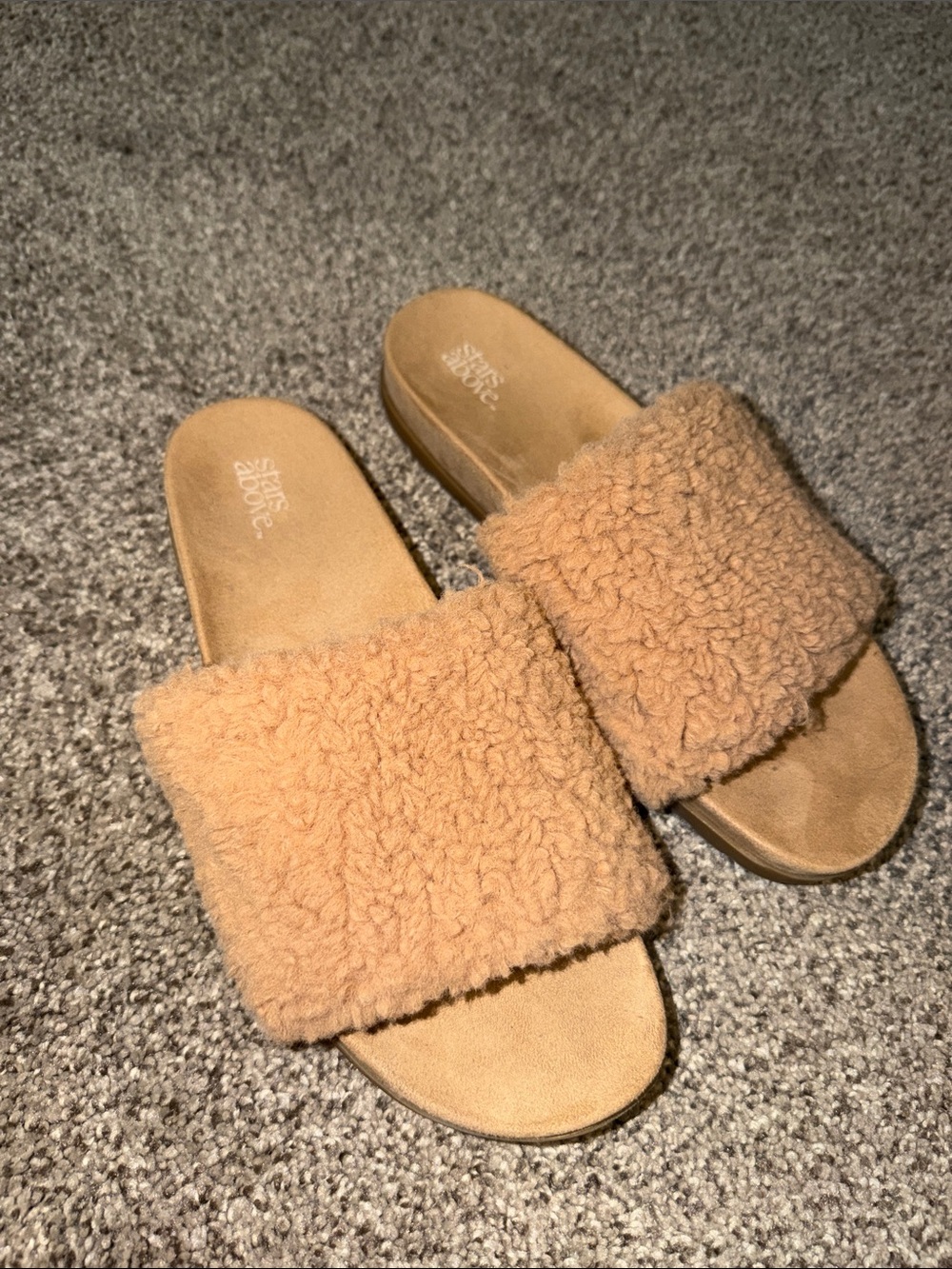 stars above Camel Faux-Shearling Slide Sandals